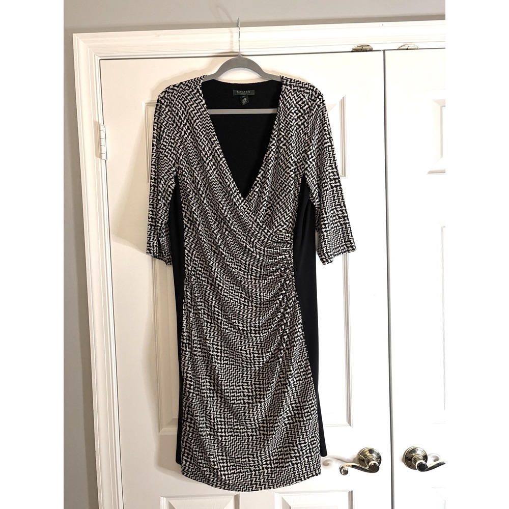 Lauren Ralph Lauren Faux‎ Wrap Dress Womens 16W Black White Ruched Sheath